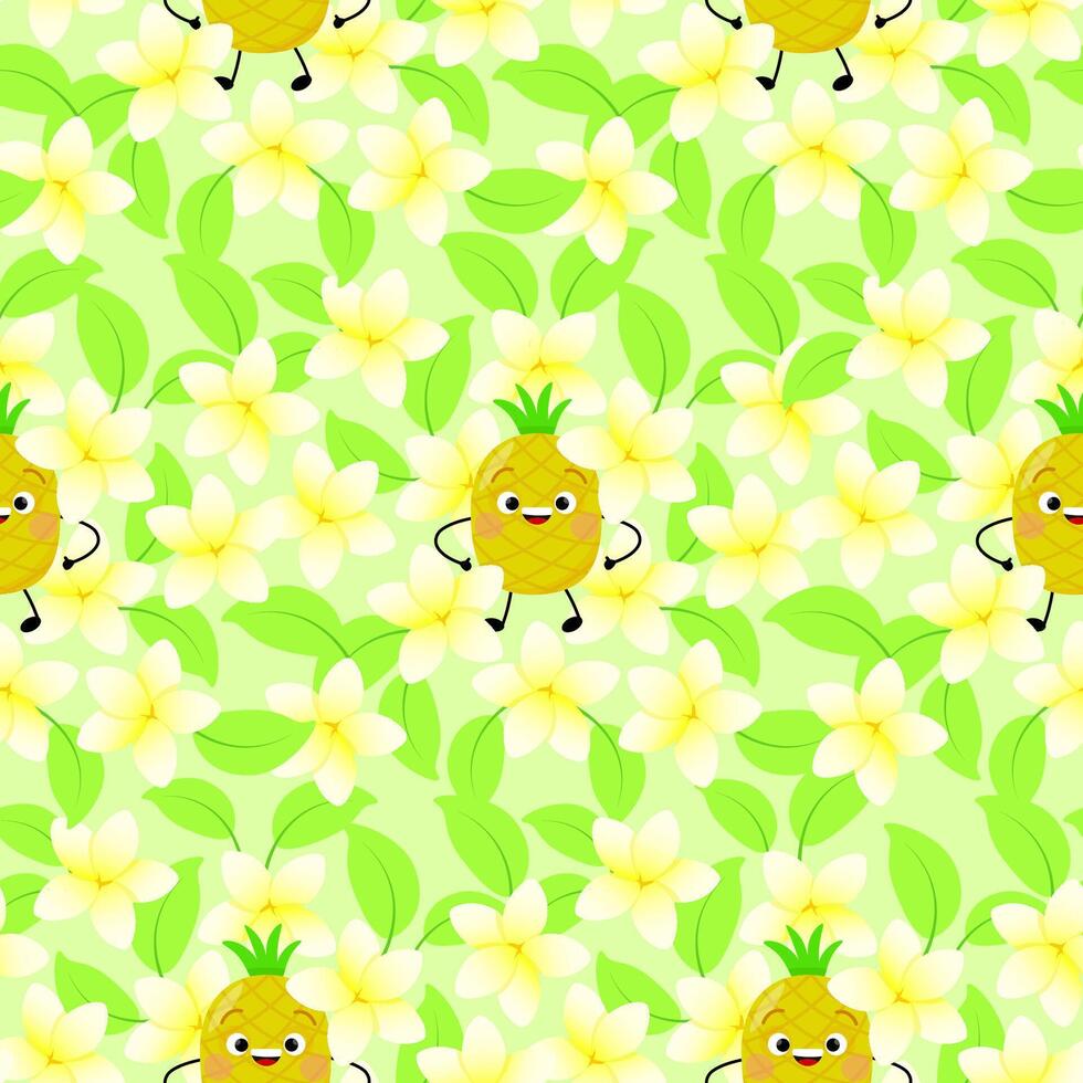 Seamless pattern with cute pineapple character and exotic plumeria flowers and green leaves on green background vector