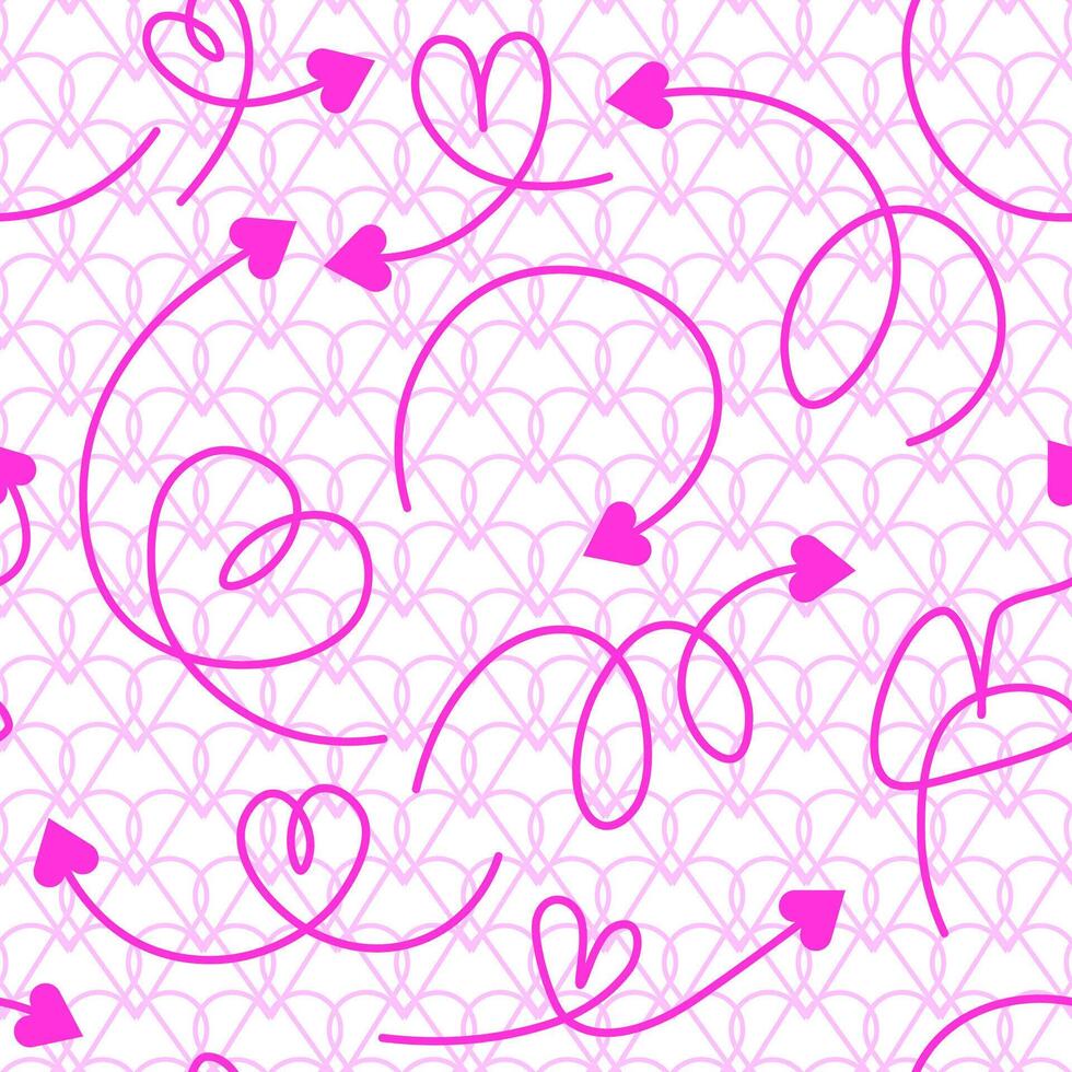 Seamless pattern of pink hand drawn arrows swirling into a heart shape on a background of hearts vector