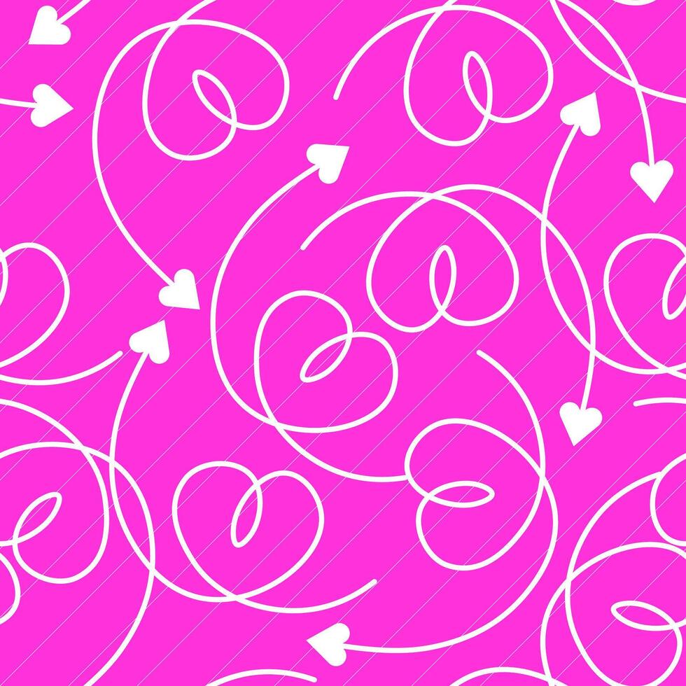 Seamless pattern of hand drawn spiral arrows with hearts on pink background vector