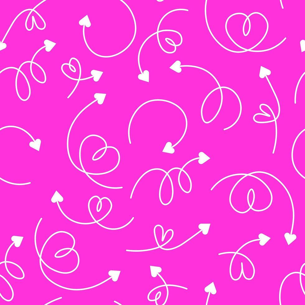 Seamless pattern of white hand drawn arrows with hearts on pink background vector