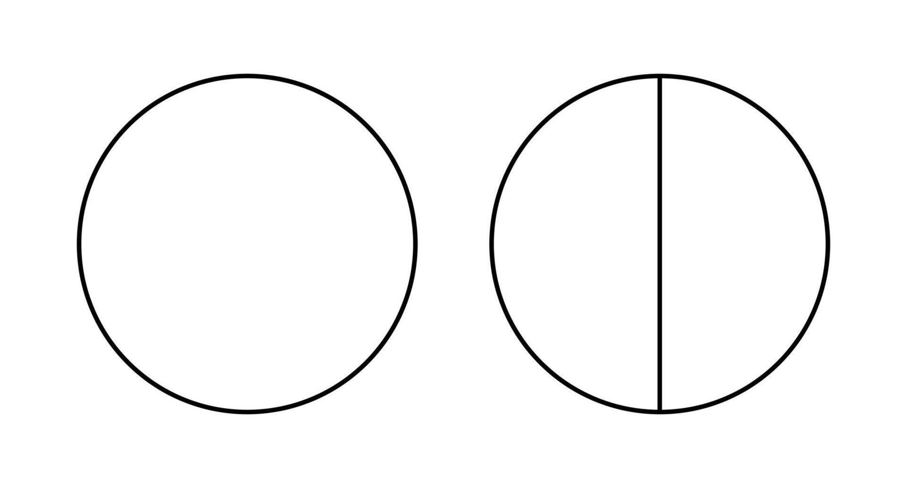 Black line chart. Pie, pizza, rounded shape, shape cut in 2 equal slices. Divided circle in two segments. Outline style. vector