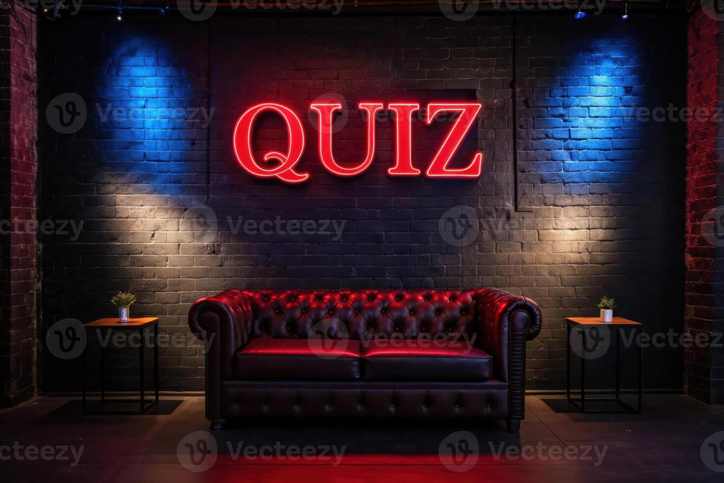 Quiz neon sign above sofa against a dark brick wall photo