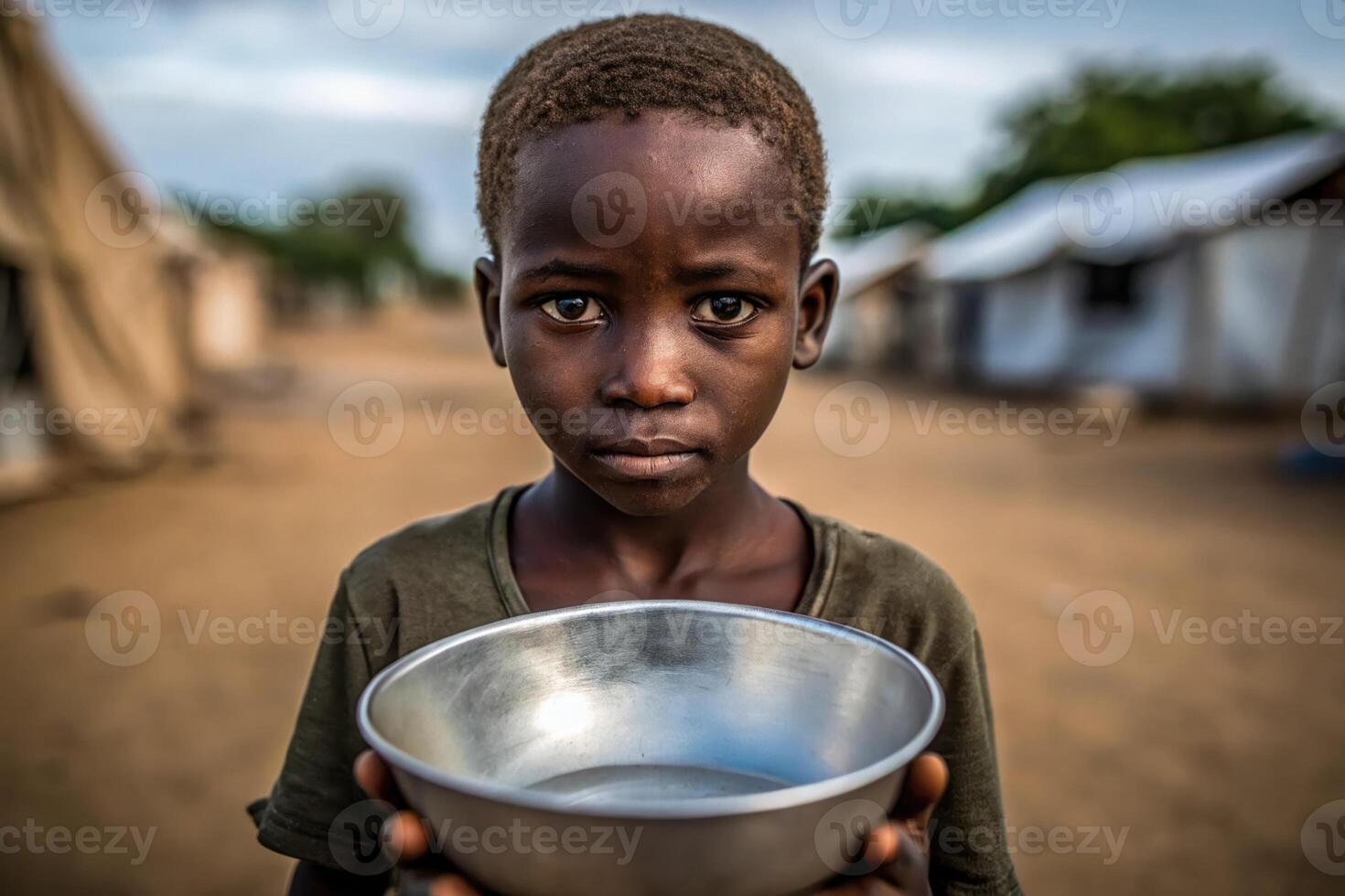 African child holding bowl asking for food and basic needs photo