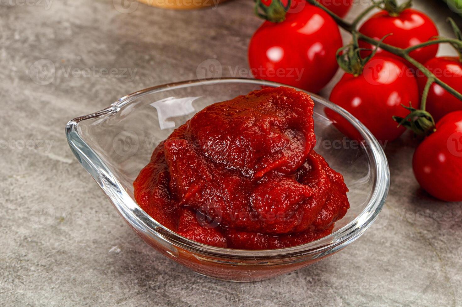 A bowl of tomato sauce next to tomatoes and green onions photo