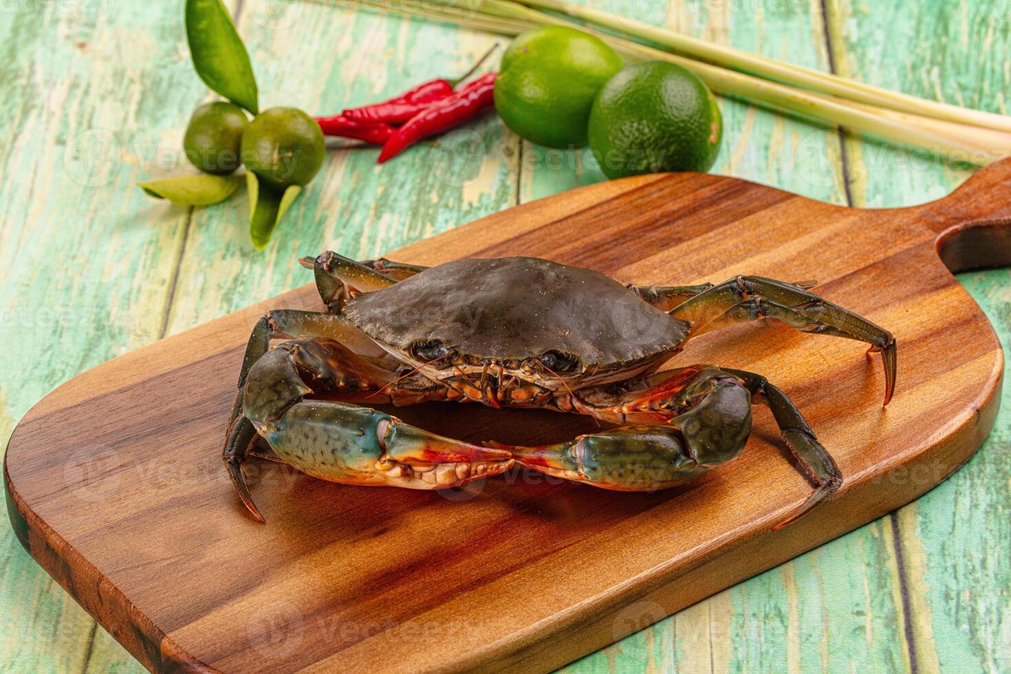 A crab on a wooden cutting board with some other vegetables photo