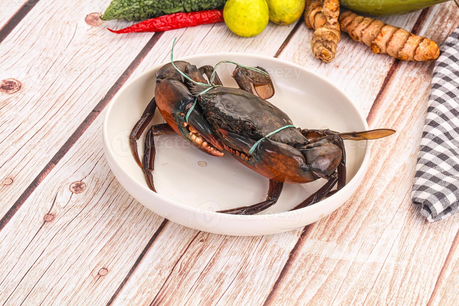 A crab is sitting in a bowl with some other ingredients photo