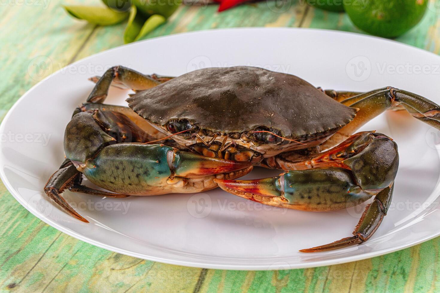 A crab on a white plate with some peppers and other ingredients photo