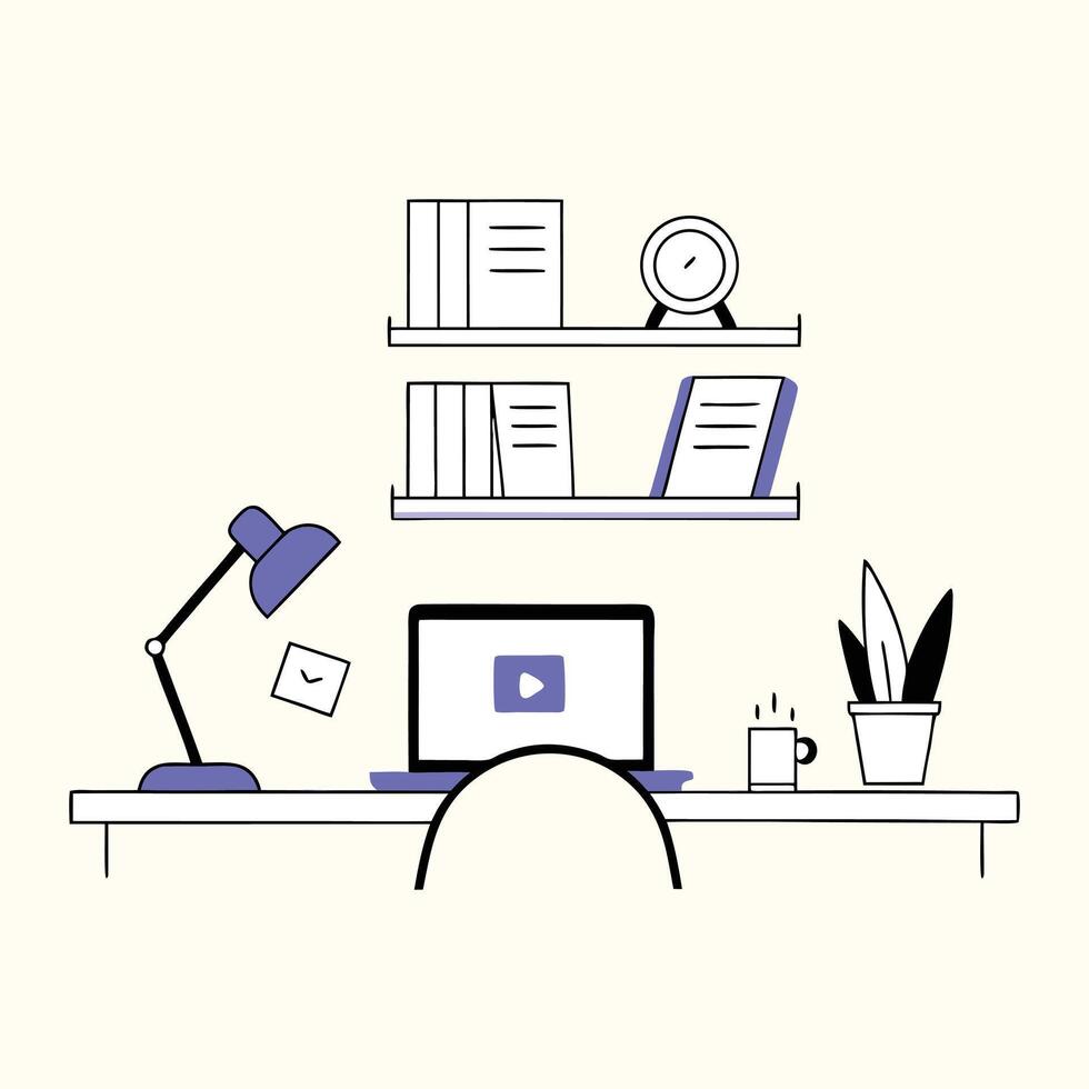 illustration set of office furniture icons with a desk, chair, and computer for interior design vector