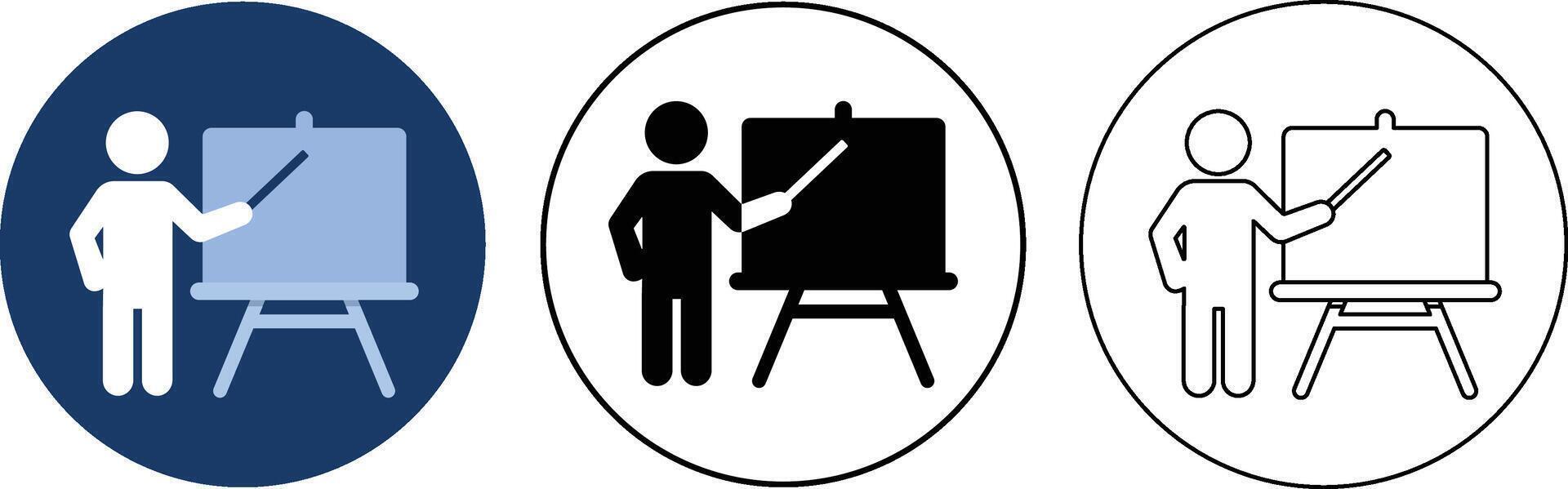 Three variations of a presentation icon featuring a person and a whiteboard for educational purposes. vector