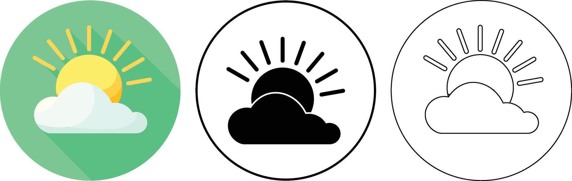 Weather icon illustrations depicting sun shining from behind a white cloudy formation vector