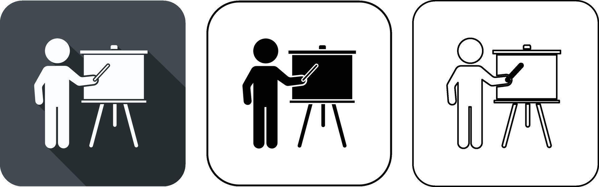 Simple icon of a person presenting with a pointer in front of a whiteboard on a stand. vector