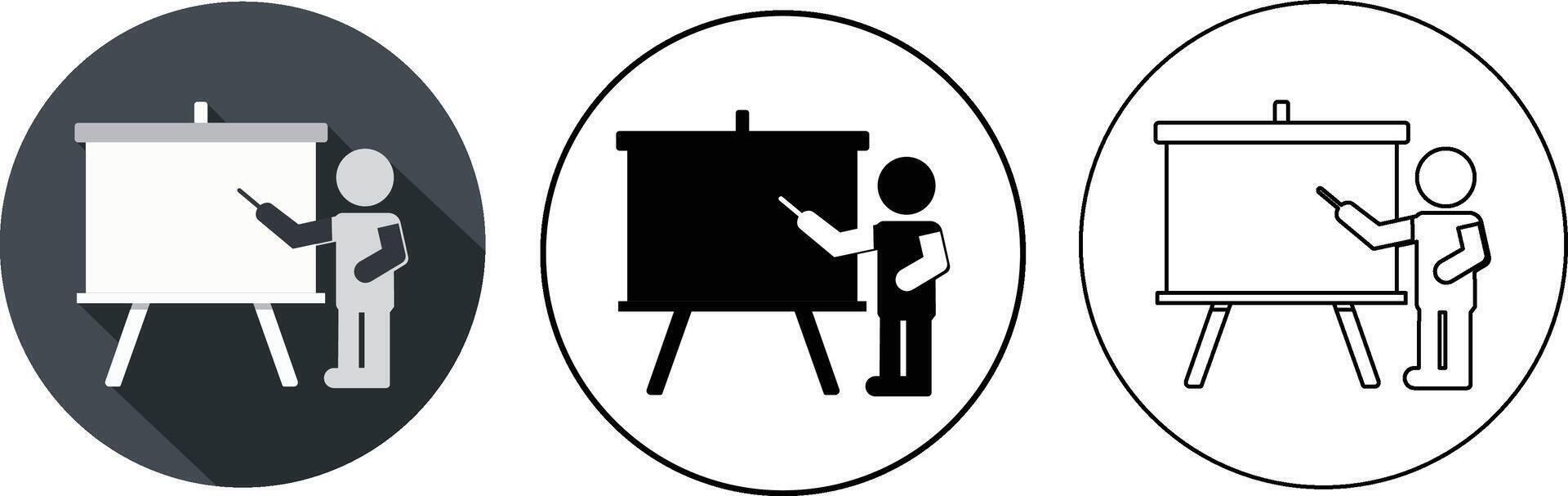 Presentation icon set featuring teacher and whiteboard in various design styles for educational concepts vector