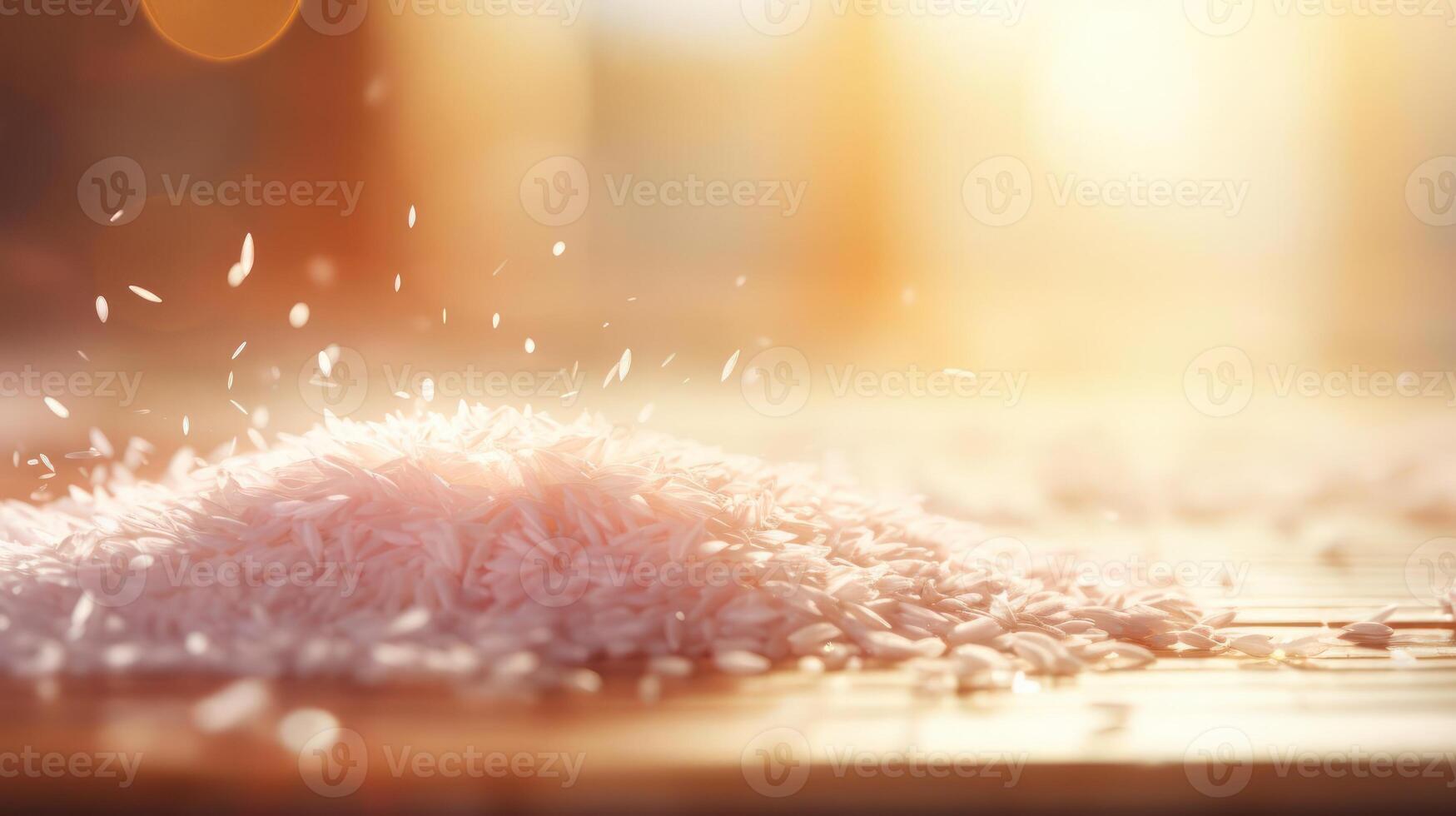 Pile of rice on a wooden surface, warm lighting. photo
