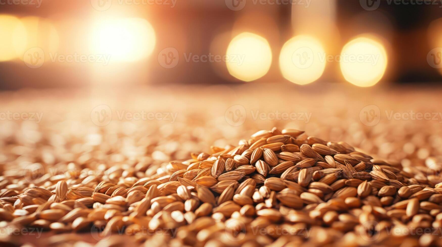 Pile of barley grains, close-up, golden texture, harvest. photo