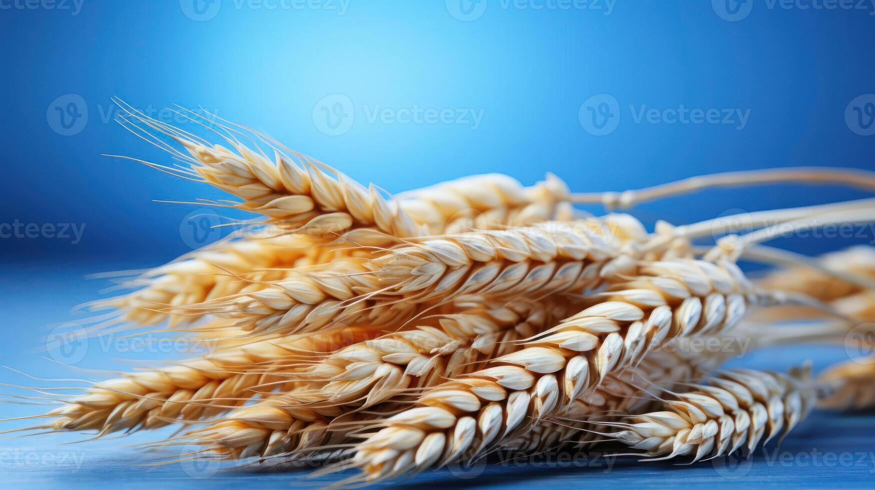 Golden wheat sheaves against a blue background. photo