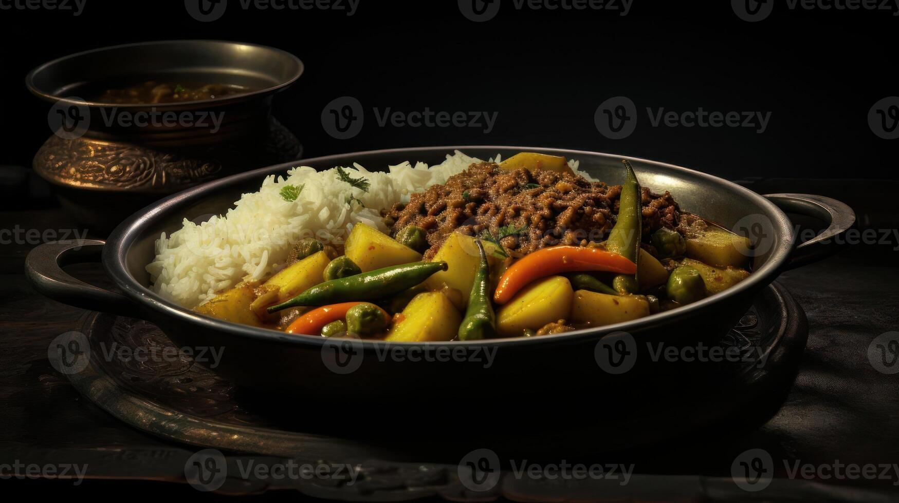 Spiced meat and vegetables served with fluffy white rice. photo