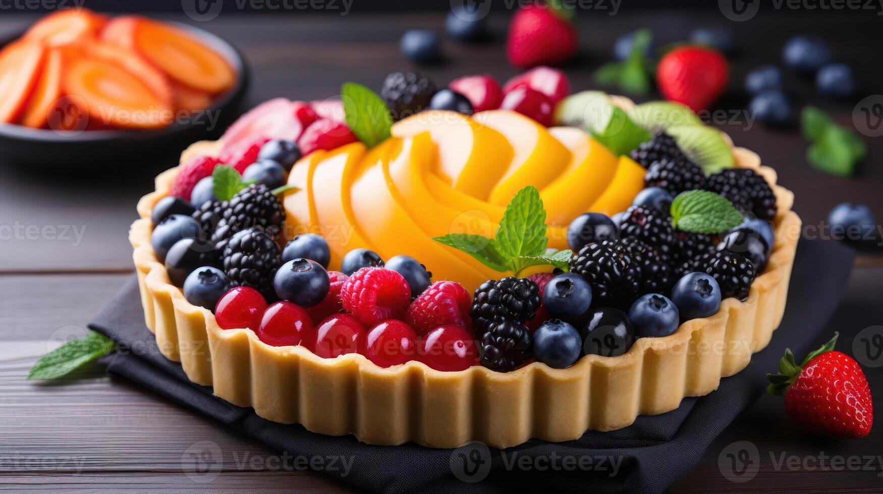 Delicious mango and berry tart with fresh fruit and mint. photo