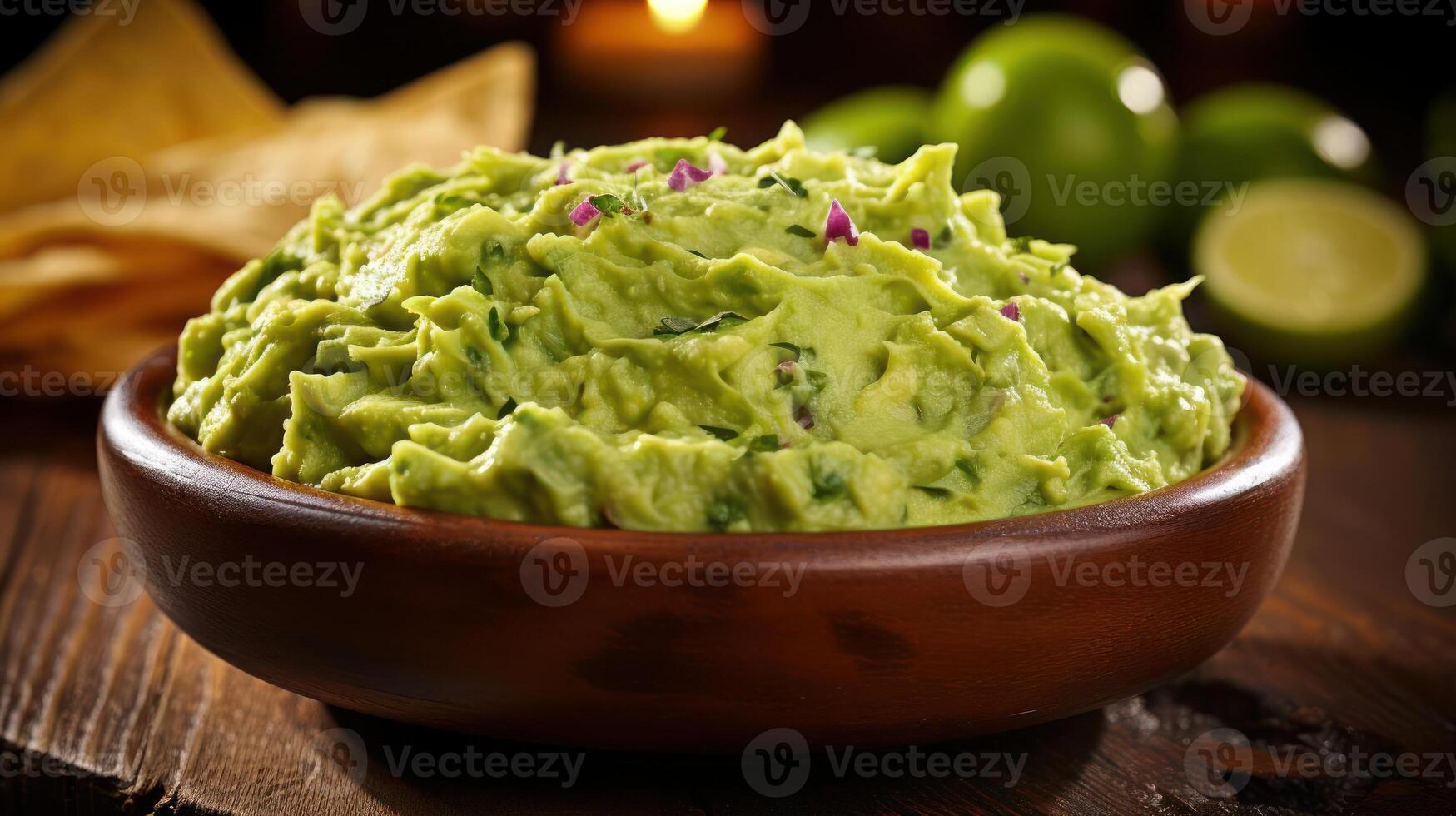 Fresh guacamole in a bowl with chips and limes. photo