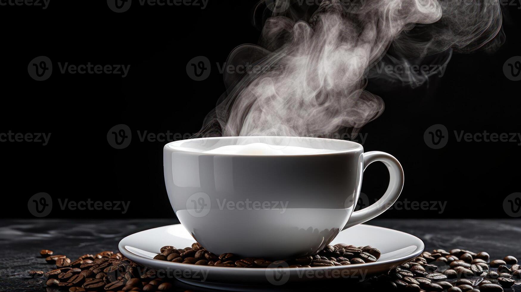 Hot coffee cup with steam, surrounded by coffee beans. photo