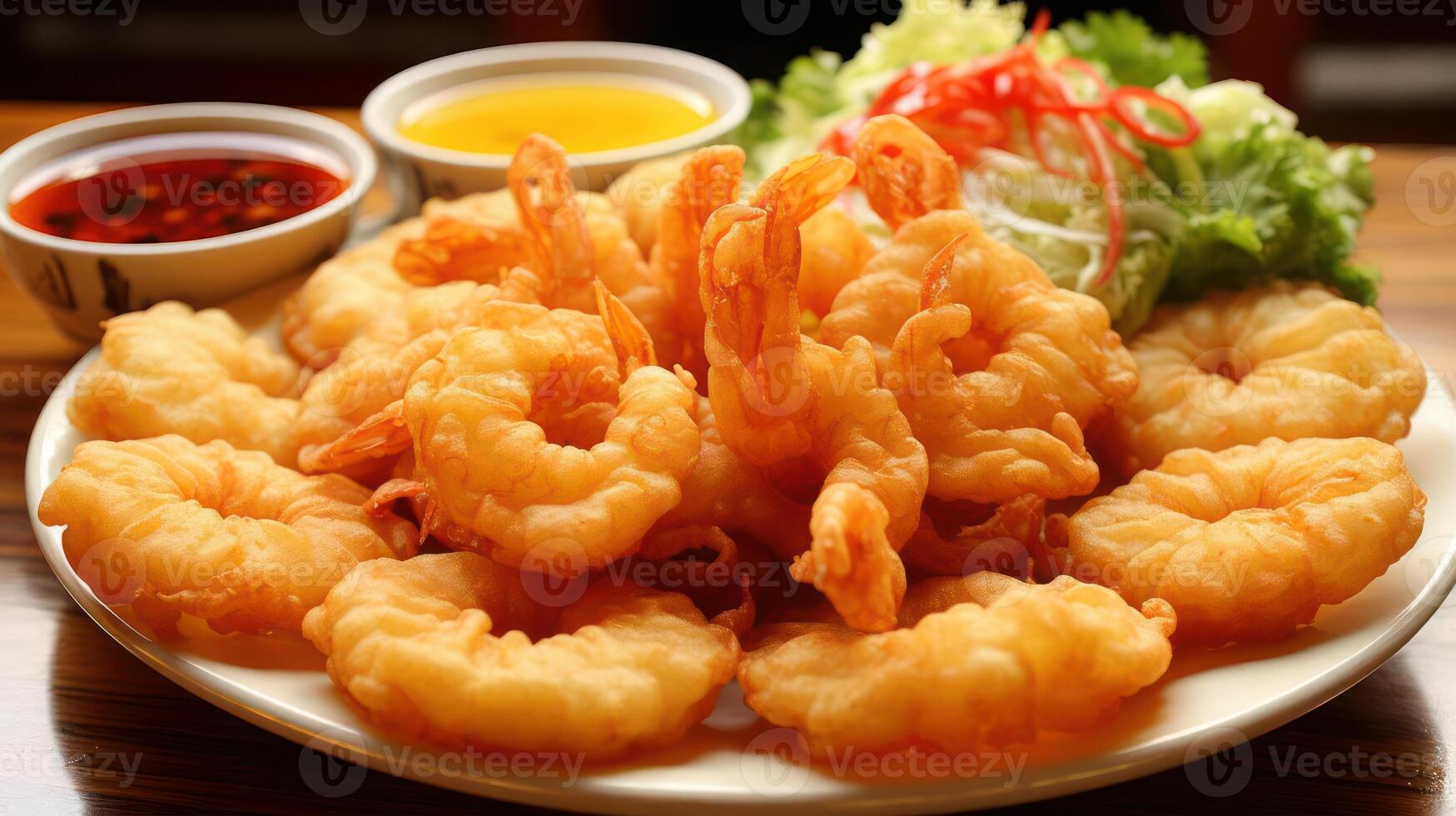 Crispy fried shrimp with dipping sauces and salad. photo