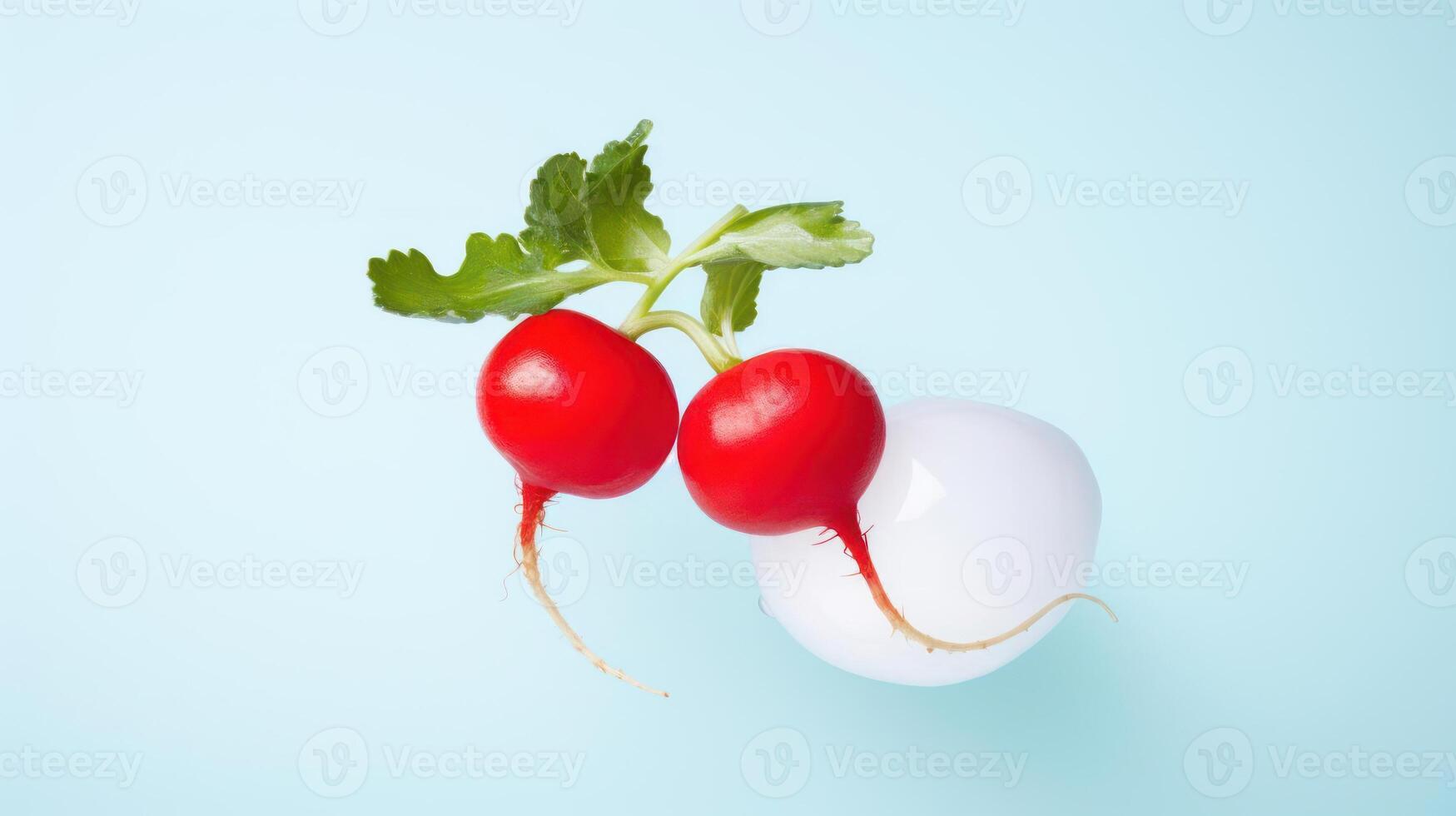 Two red radishes with green leaves and a white background. photo
