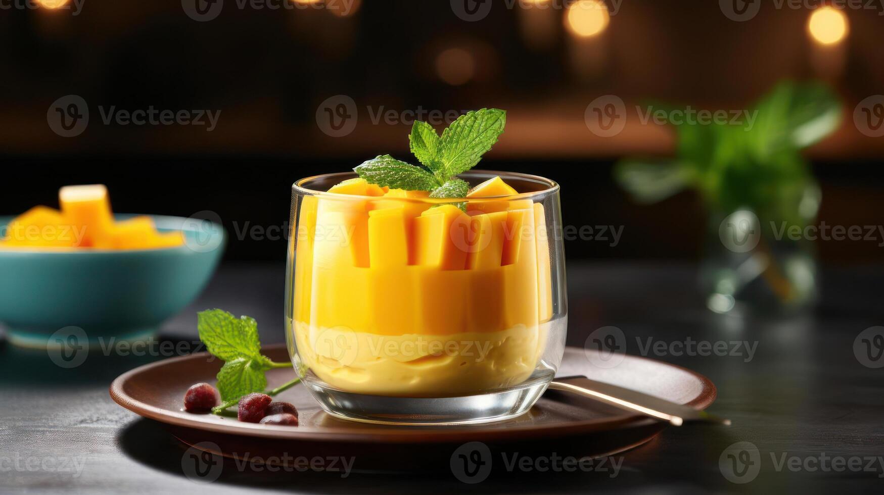 Mango dessert with mint garnish in a glass. photo