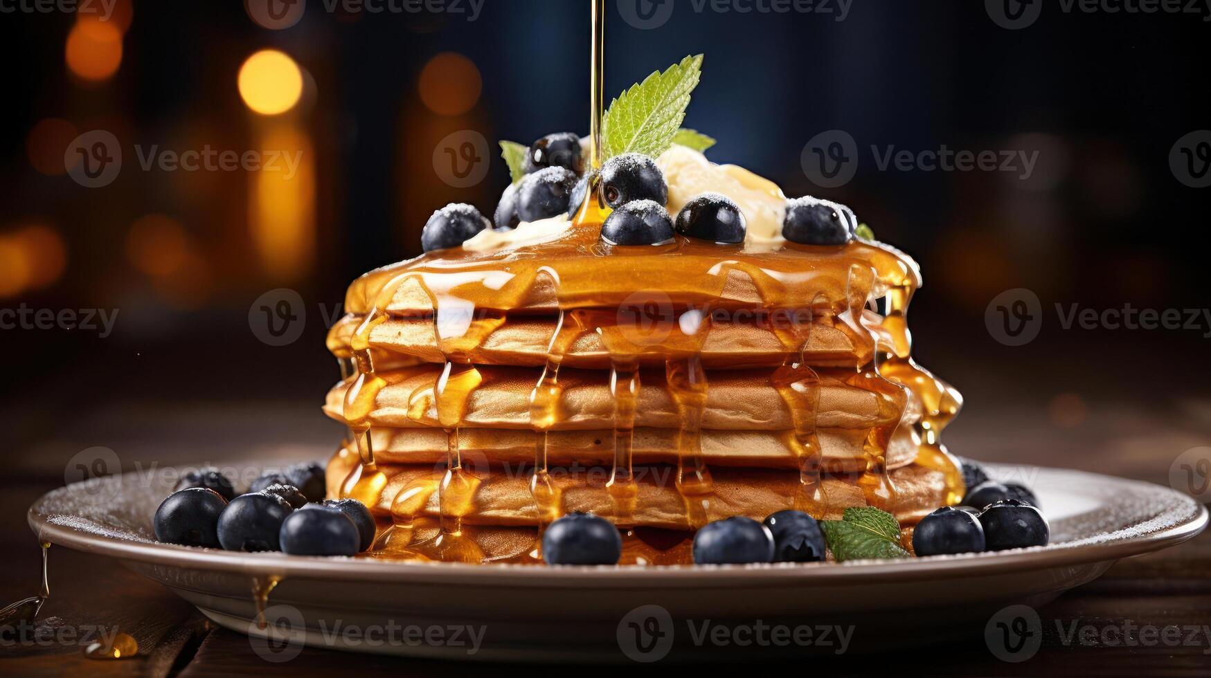 Delicious pancake stack with blueberries and maple syrup. photo