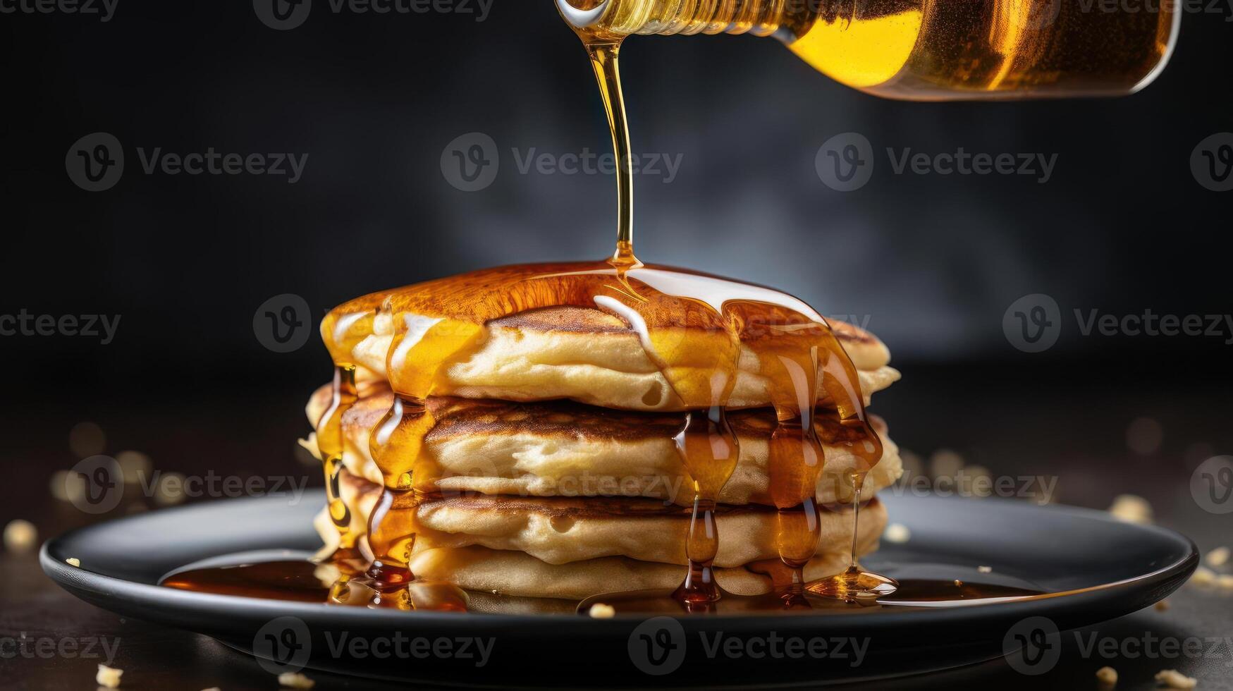 Stack of pancakes drizzled with syrup. photo
