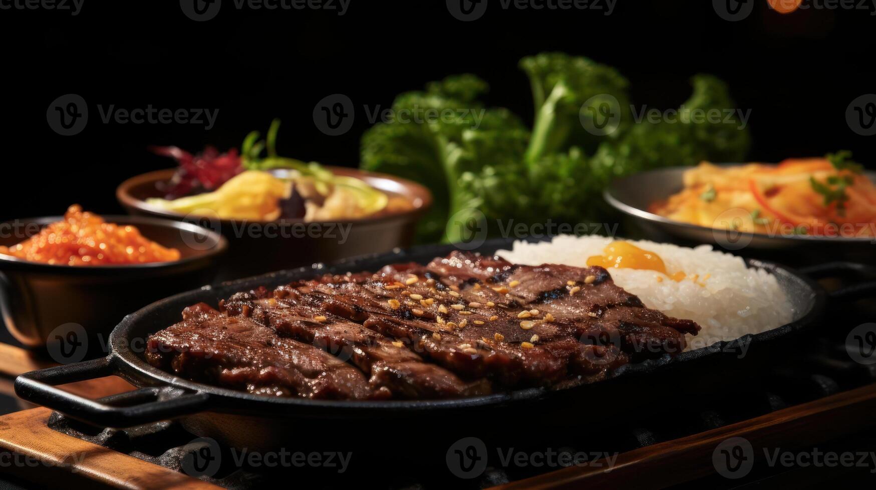 Korean beef bowl with rice and side dishes. photo