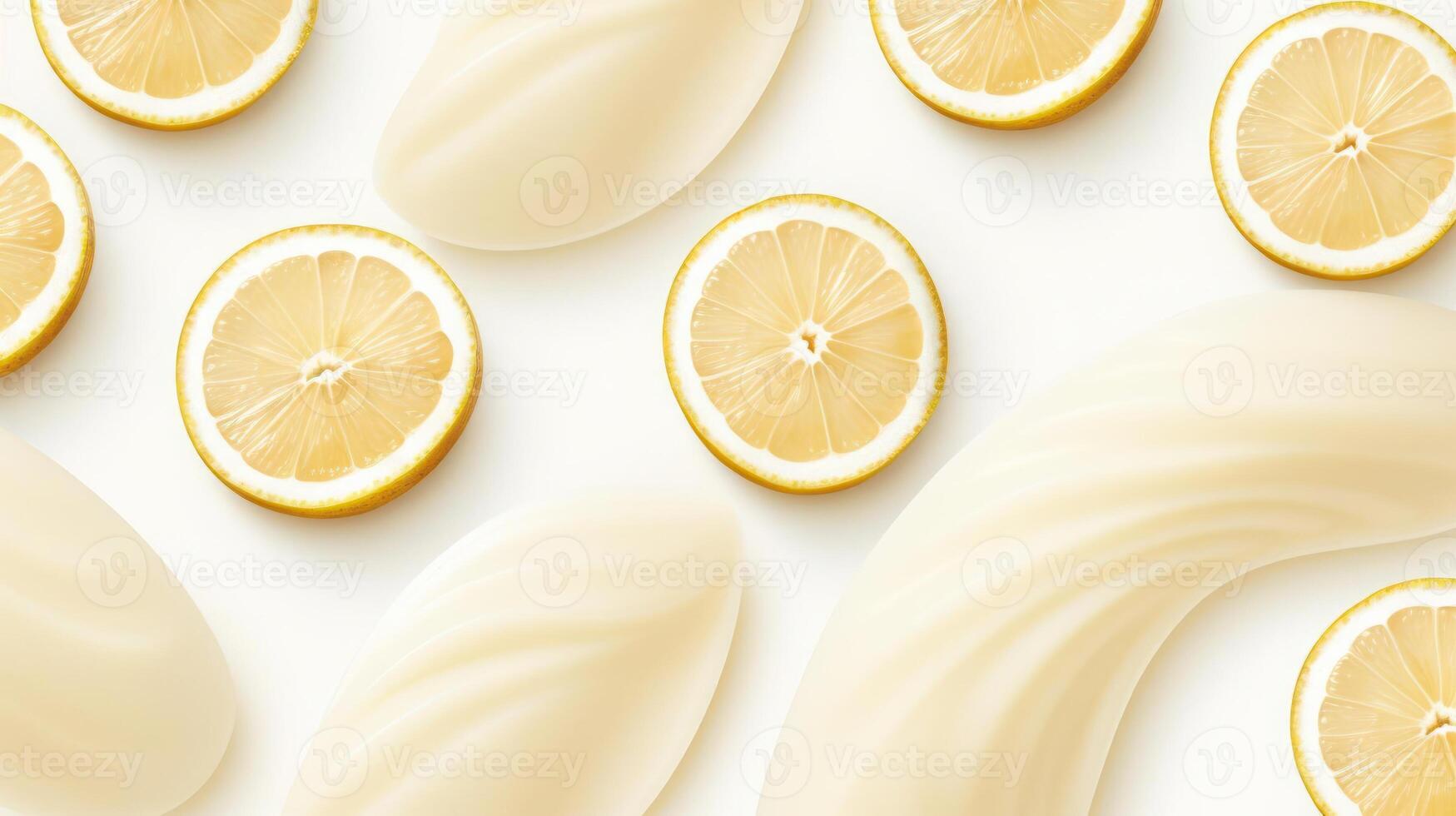 Lemon slices arranged in a pattern on a yellow background. photo