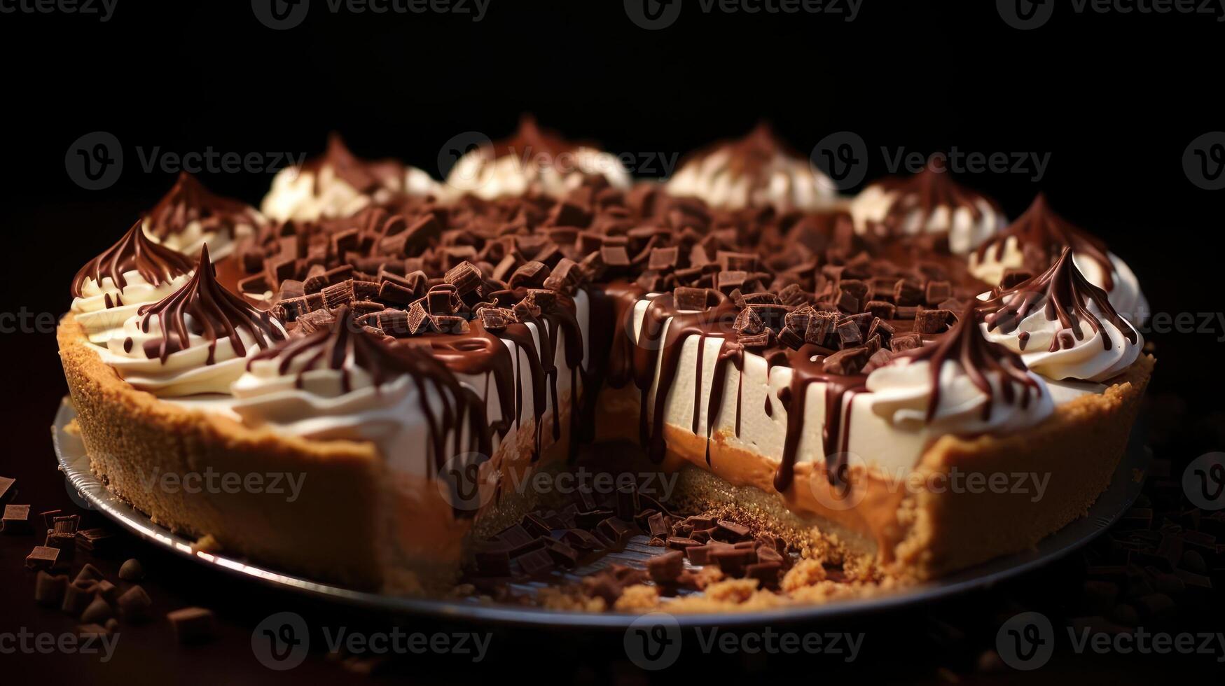Decadent chocolate cheesecake with whipped cream and chocolate shavings. photo
