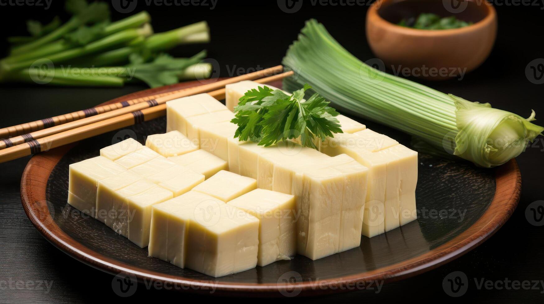 Tofu cubes with parsley and green onions on a plate. photo