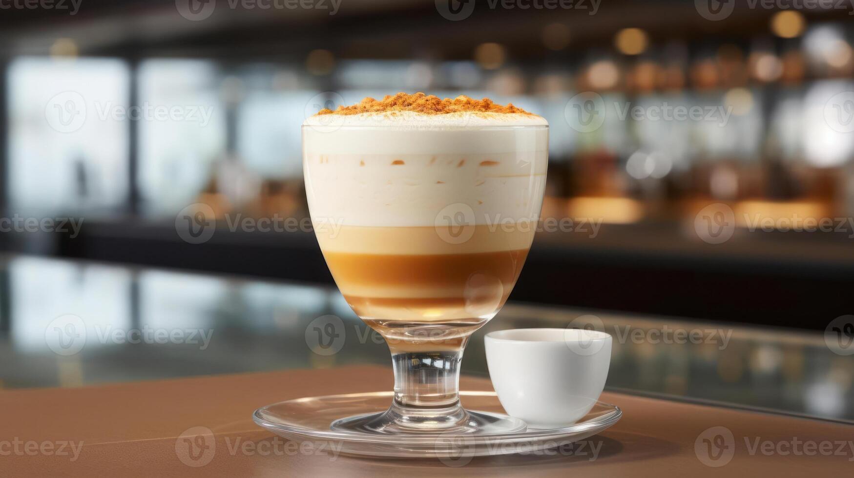 Layered coffee drink in a glass with a small cup. photo