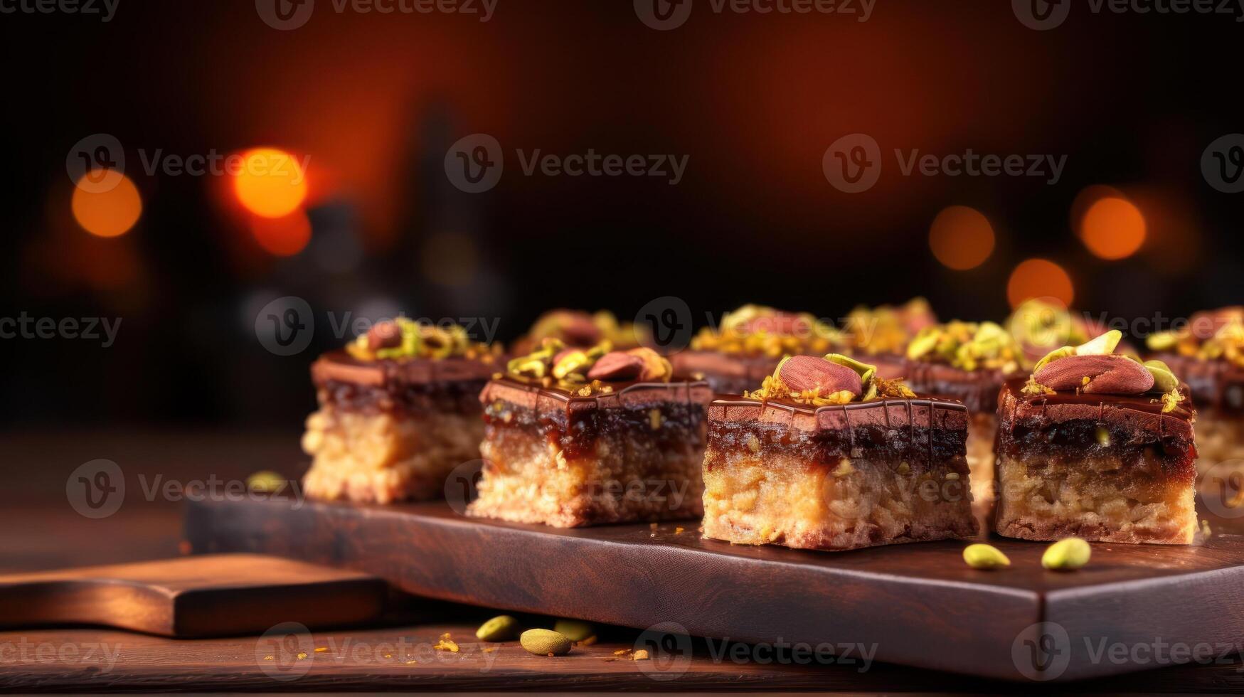 Delicious baklava squares with pistachios, a sweet treat. photo