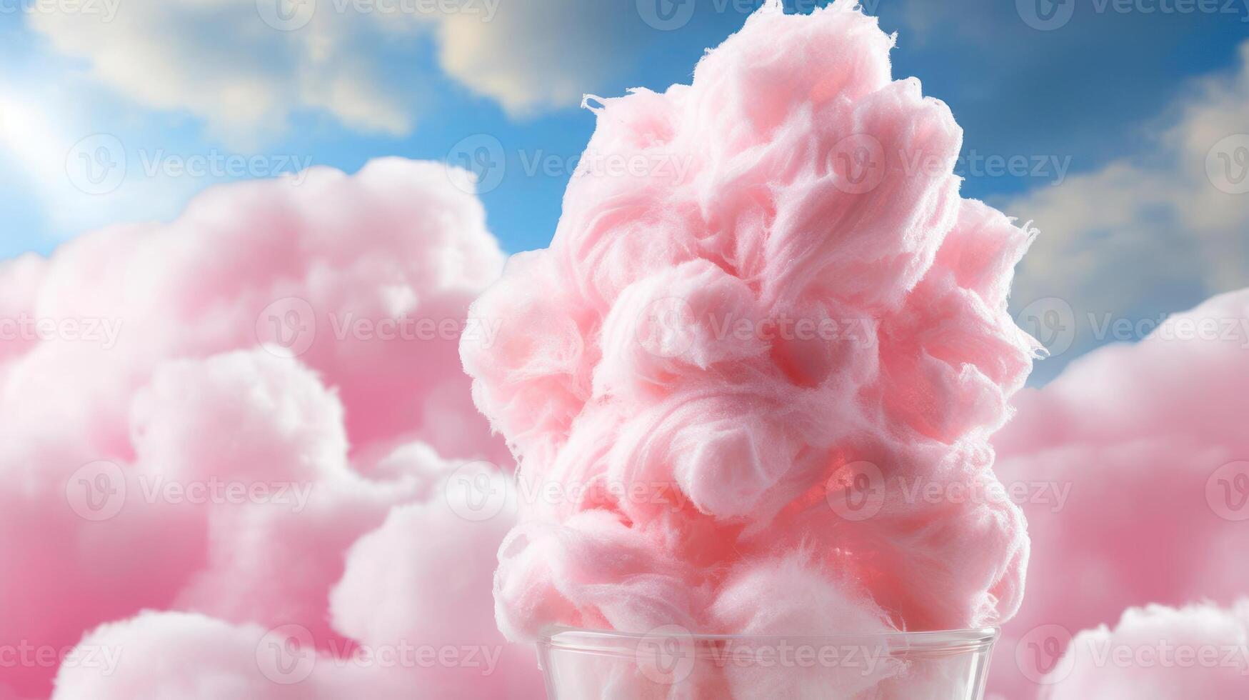 Fluffy pink cotton candy against a blue sky. photo