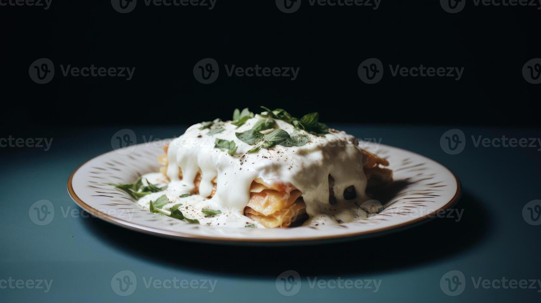 Stacked dish with creamy sauce and herbs on a plate. photo