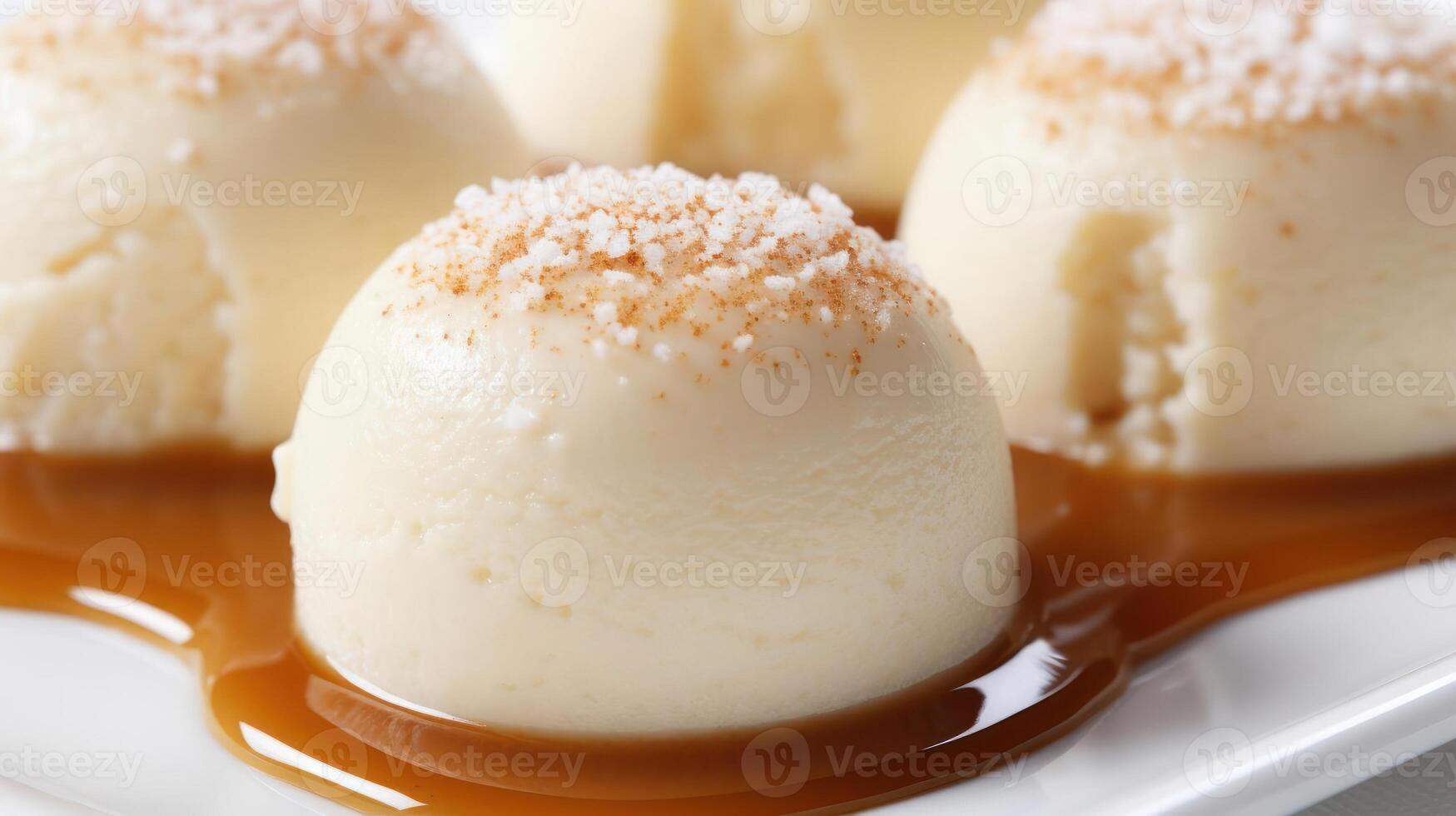 Caramel pudding with a sprinkle of topping, close-up view. photo