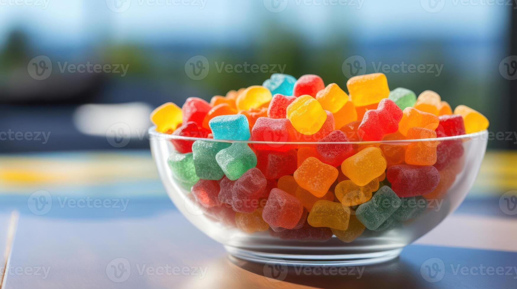 Bowl of colorful gummy bears, sweet treat, vibrant colors. photo