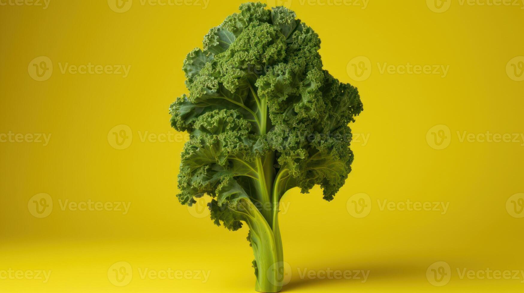 Close-up of a vibrant green kale stem against a yellow background. photo