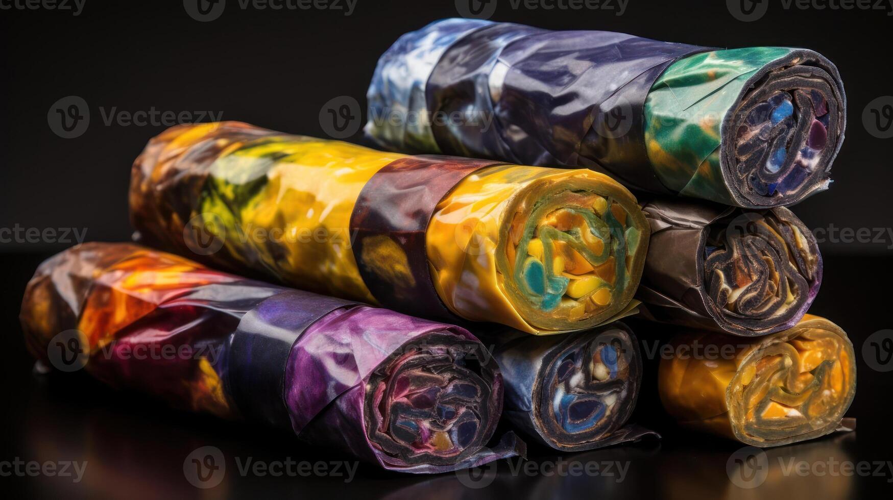 Colorful fabric rolls, stacked and ready for use. photo