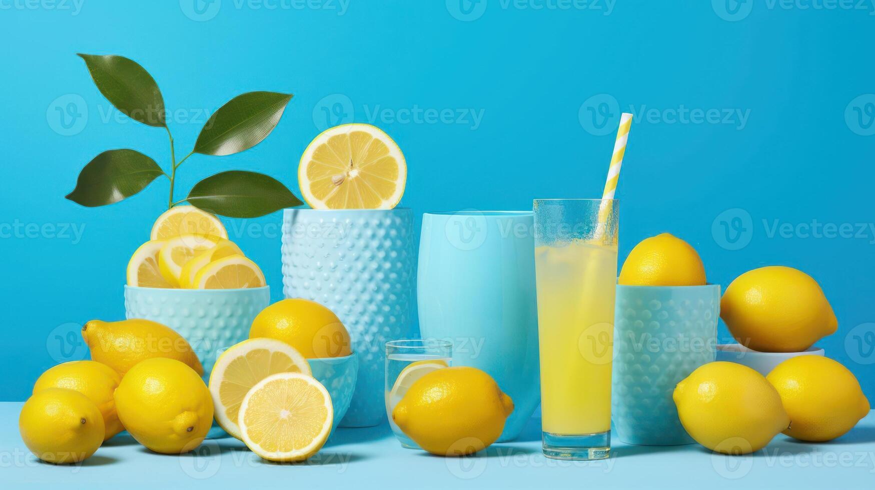 Lemon still life with juice, slices, and greenery. photo