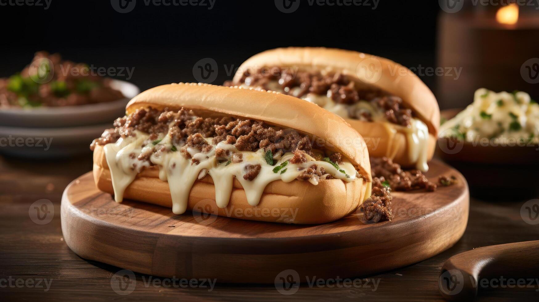 Delicious cheesesteak sandwiches on a wooden board. photo