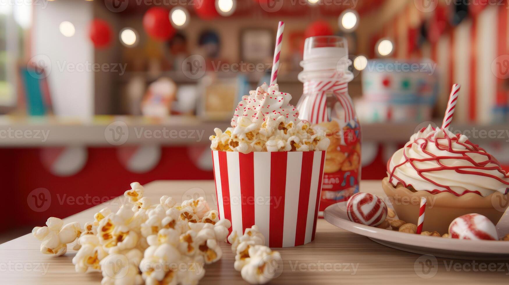 A red and white striped cupcake and a cup of popcorn photo