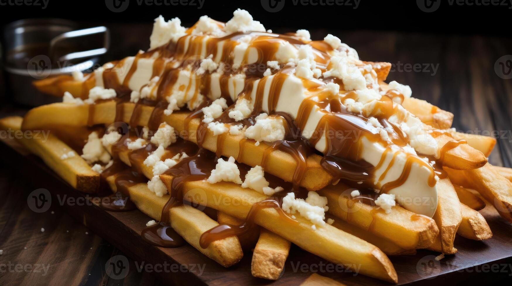 Loaded fries with cheese and sauce. photo