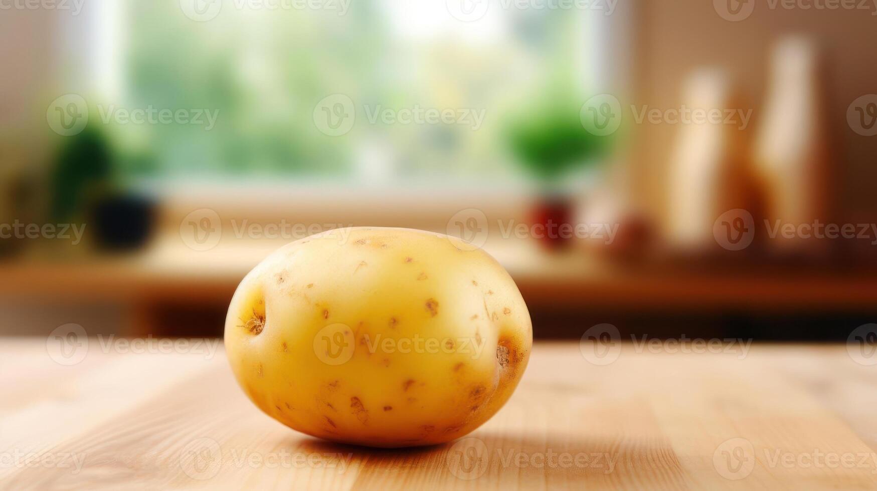 A potato sitting on a wooden table in front of a window photo