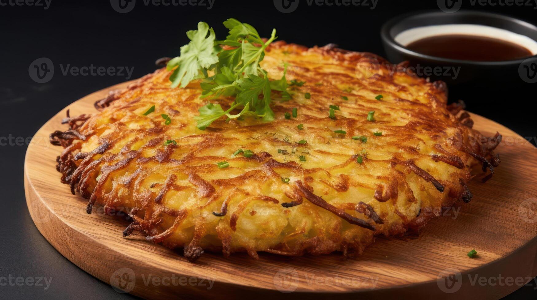 Crispy hash brown cake with herbs and dipping sauce. photo