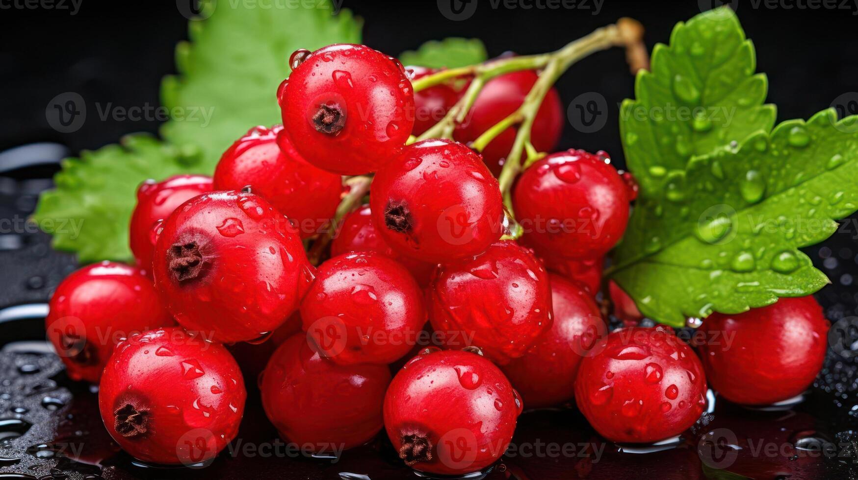 Fresh redcurrant berries with leaves, glistening with water droplets. photo