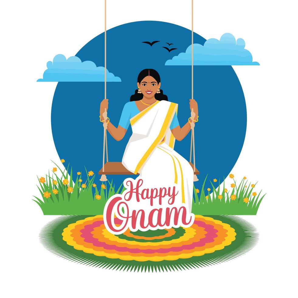 Happy Onam Woman Swing in Flat Style. vector