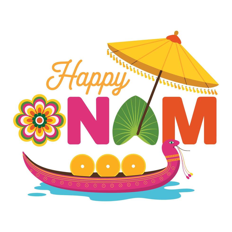 Vibrant Onam Design with Pookalam and Snake Boat. vector
