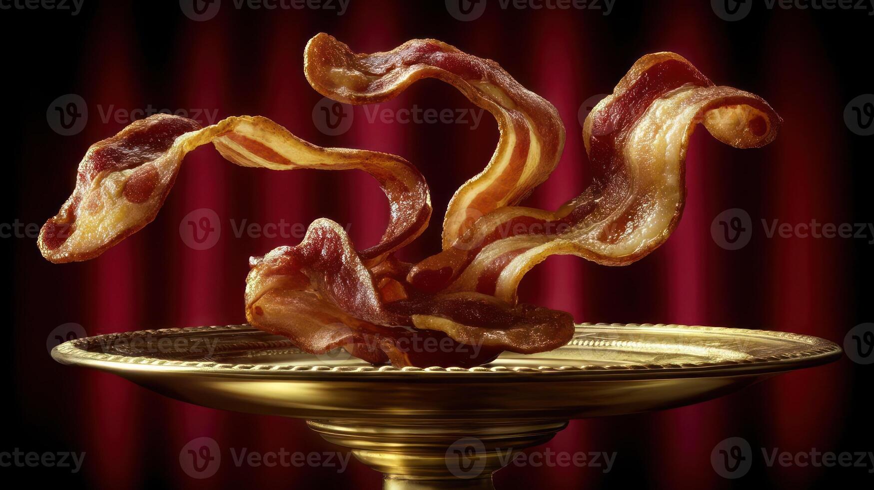 Crispy bacon elegantly displayed on a golden pedestal. photo